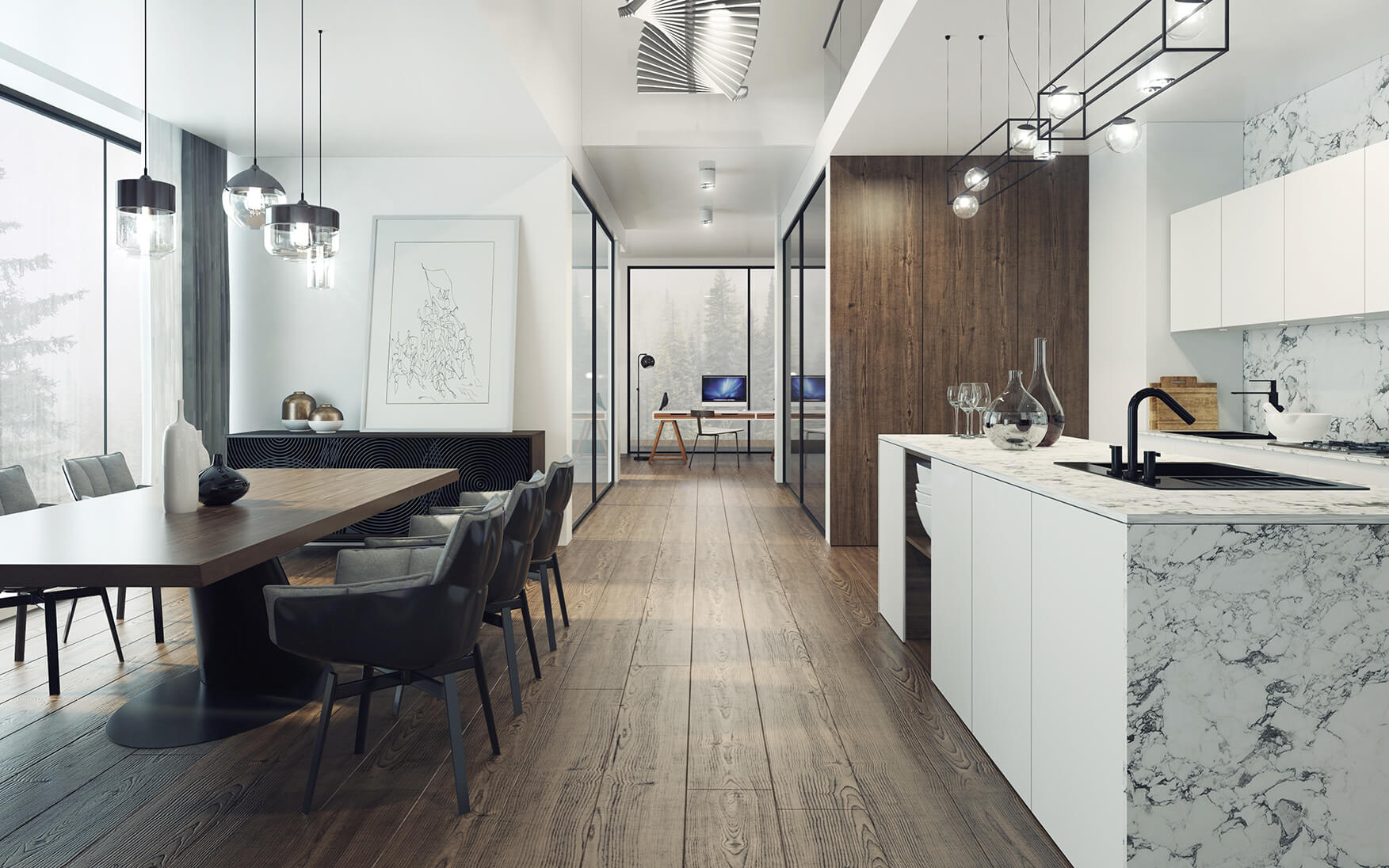 Modern office kitchen with granite countertops and matching backsplash